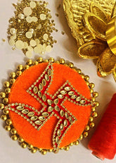 Swastik Decorative Rangoli – White Diamond & Gold Motifs on Round MDF with Gold